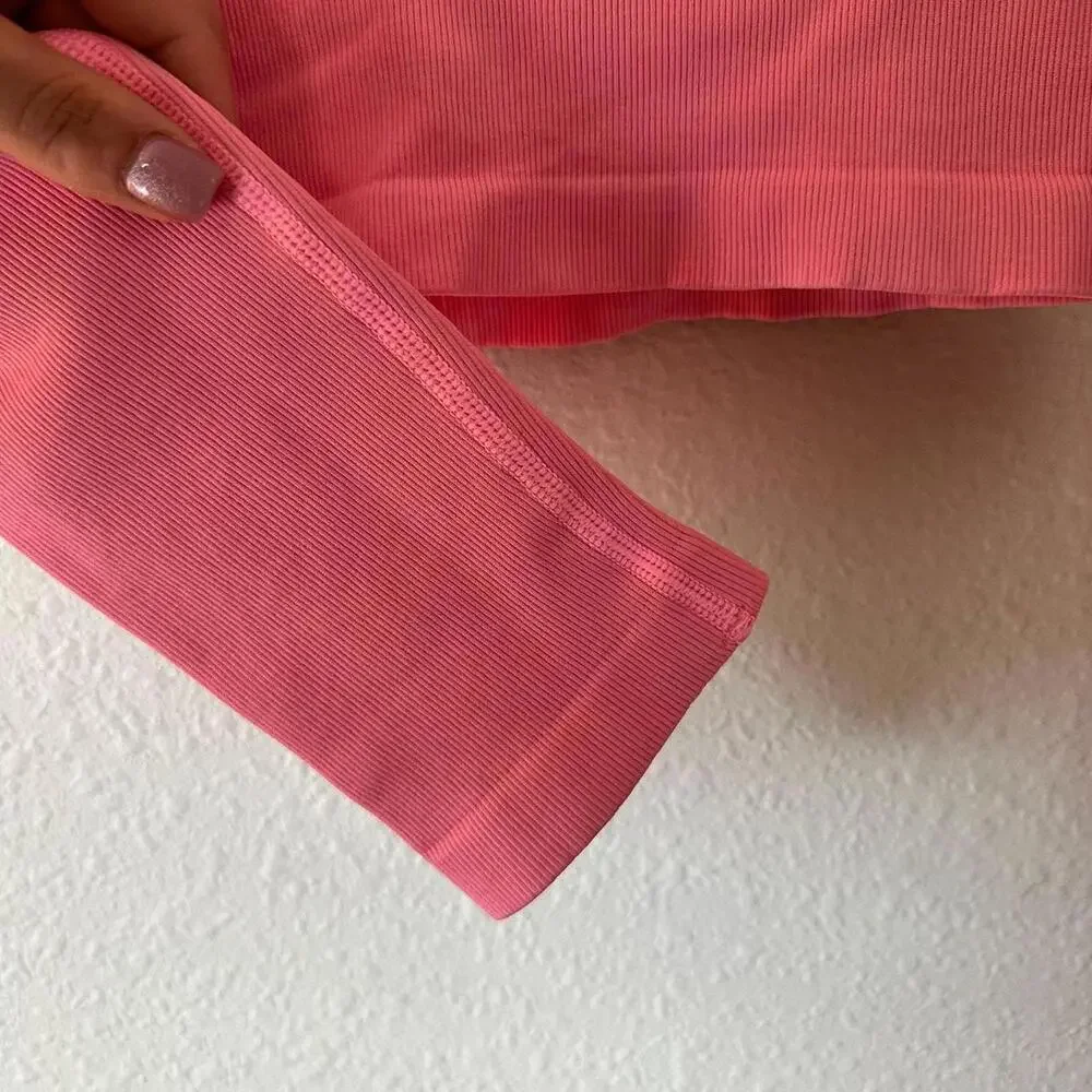 NWOT OQQ Pink Ribbed Long Sleeved Crop Top PINK Size L
